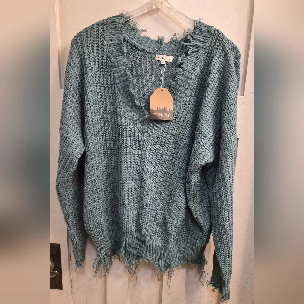 NWT Main Strip Distressed V-Neck Knit Sweater – Sage Teal Green (L) - Picture 1 of 4
